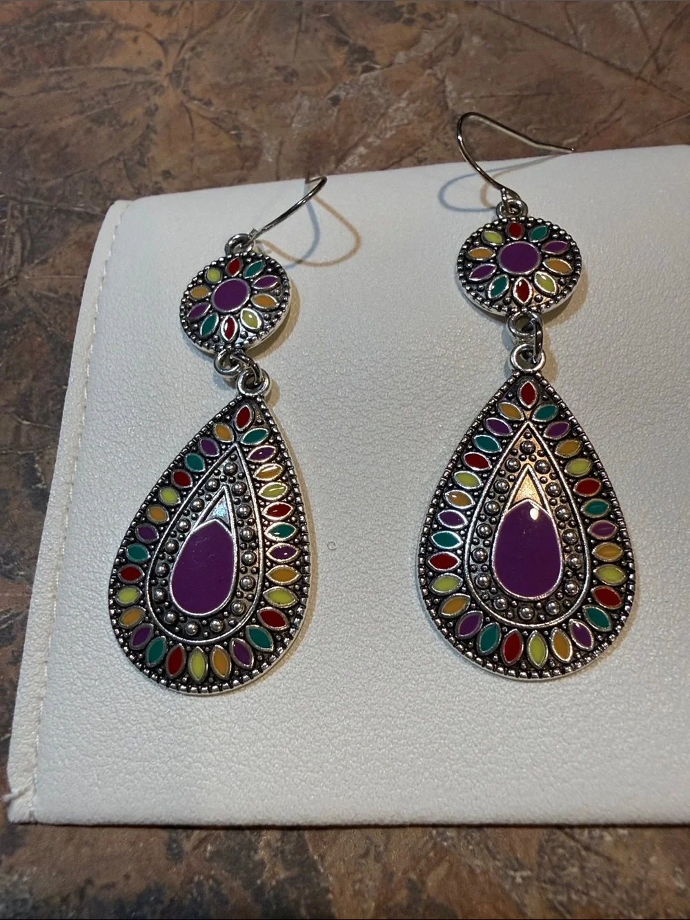 Bohemian Purple Teardrop Dangle Earrings with button close case